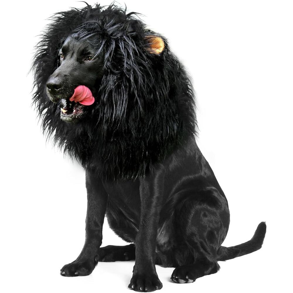 Lion Mane Wig for Large Dogs Black Pet Halloween Costume with Ears Funny Hat